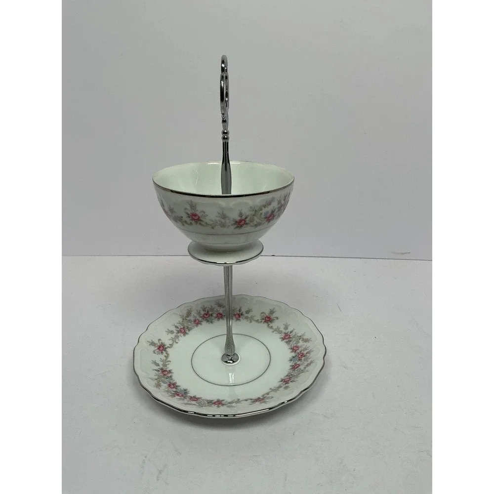 Tiered Stand Unisex OS White Floral Silver Rim 2-Tier Teacup Saucer‎ Upcycle